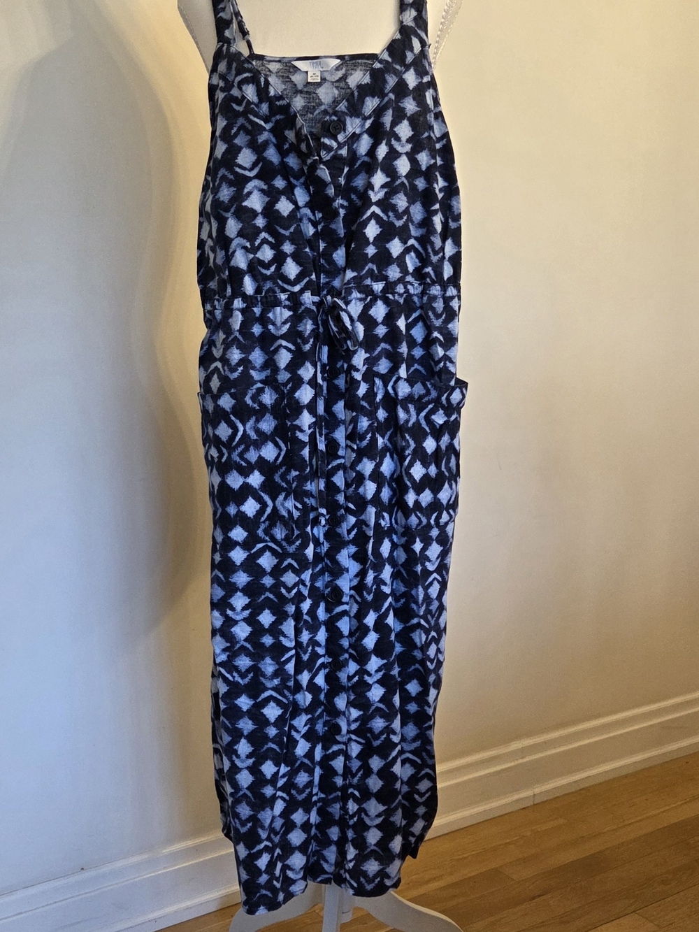 Blue Geometric Maxi Dress with Drawstring Waist